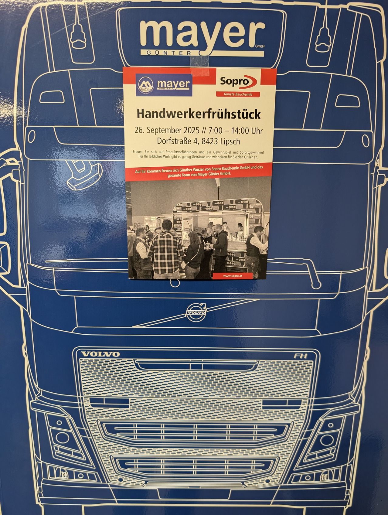 Plakat zur Werbung für ein Handwerkerfruhstuck-Event am 26. September 2025 von 7:00 Uhr bis 14:00 Uhr in Dorfstraße 4, 8423 Lipsch. Das Event beinhaltet eine Wurst- und Getränkepreisvergabe.