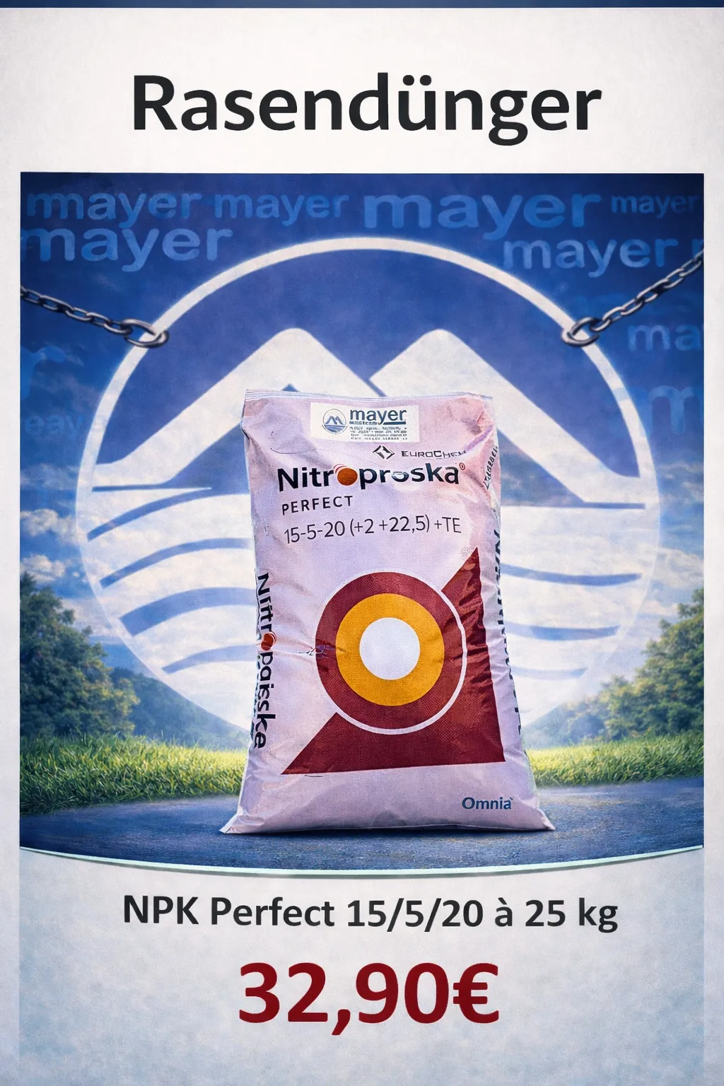 Ein Poster zeigt einen rosafarbenen Sack mit der Aufschrift Nitroproska Perfect 15-5-20. Der Sack enthält einen stickstoffreichen Dünger mit der chemischen Zusammensetzung (N+22,5) + TE. Er ist an Ketten befestigt. Der Hintergrund zeigt ein Grasfeld und Bäume.