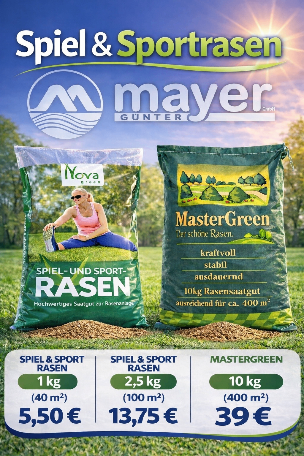 Eine Werbung für Mayer Gunter mit einer Frau auf einem Rasen und zwei Säcken Rasensamen, einer mit Spiel-und Sport-Rasen und der andere mit MasterGreen beschriftet.