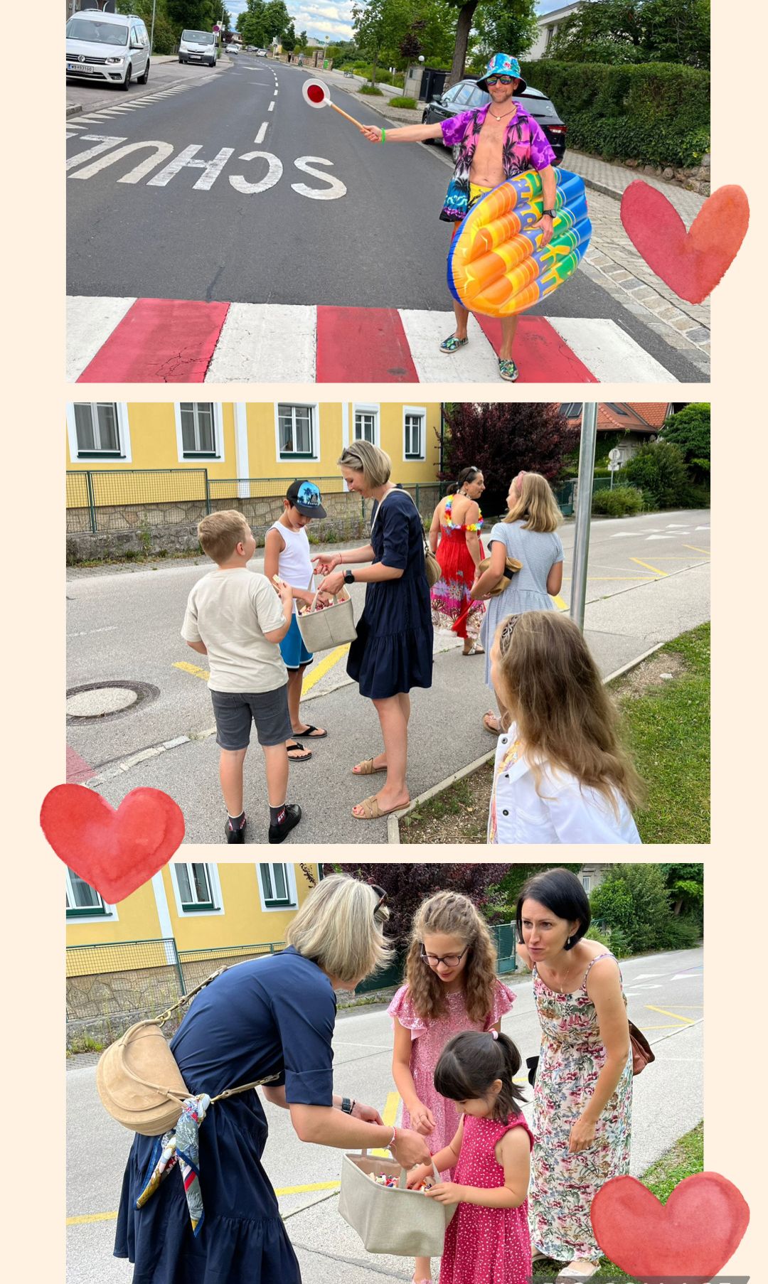 Eine Frau verteilt Pakete an Kinder auf der Straße. Eine Gruppe von Frauen geht einen Bürgersteig entlang. Eine andere Frau beugt sich vor und sieht ein Mädchen an.