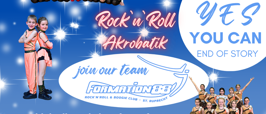 Plakat für ein Rock'n'Roll Akrobatiker-Workshop für Anfänger im Alter von 5-7 und 8-10 Jahren. Aktivitäten umfassen dynamische Moves, Koordinationstraining und Krafttraining. Daten und Ort sind aufgeführt, zusammen mit einer Kontaktnummer.