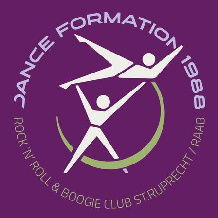 Logo von Dance Formation, einem 1988 gegründeten Tanzclub, mit zwei Tänzern in Rock-and-Roll-Pose.
