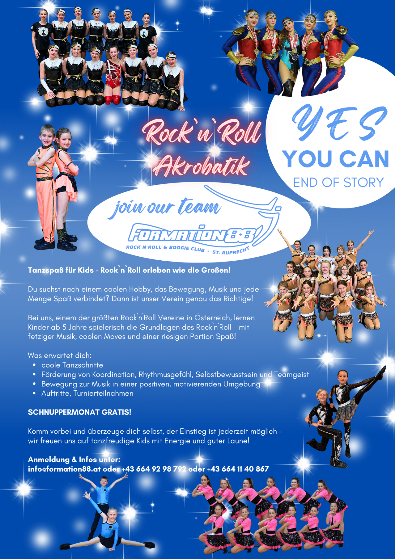 Flyer für einen Tanzclub für Kinder mit Rock n' Roll Akrobatik. Kinder ab 5 Jahren können die Grundlagen des Rock n' Roll mit energiegeladener Musik und Spaß lernen. Vorteile umfassen Koordination, Rhythmus, Selbstbewusstsein und positive soziale Interaktion. Erster Monat kostenlos. Kontakt für Infos.