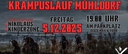 Plakat für eine Veranstaltung im Jahr 2025 mit Figuren in gehörnten Kostümen vor einem bewölkten Hintergrund. Der Text lautet 'Campuslauf Mühl' und 'Freitag 19.05 5.12.2025'. Unten ist eine Silhouette einer Landschaft mit Bergen zu sehen.