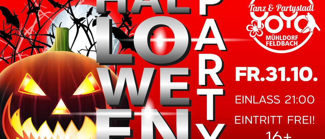 Ein Halloween-Event-Werbeposter mit den Worten 'HALP LOA WER NEY' in silbermetallic und einer Kürbis mit gelber Flamme. Ein roter Hintergrund mit Fledermäusen und einem Mond.