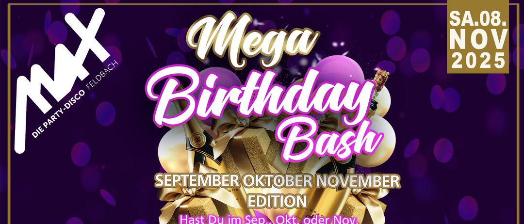 Werbeaktion für eine Geburtstagsparty mit Luftballons, Bändern und Geschenken. Verfügbar im September, Oktober und November. Der Eintritt ist mit einem €38 MAX-Gutschein frei.