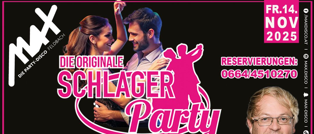 Plakat für die Schlager Party in der Grossen Max Disco. Ein Paar tanzt. Altersgrenze 16+. Einlass ab 20 Uhr. DJ Erich F.