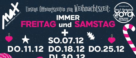 Weihnachtssaison-Öffnungszeiten: jeden Freitag und Samstag ab 19:00 Uhr. Termine: 1., 18., 30. Dezember und 31. Januar. Eintritt: 21:00 Uhr | 16+