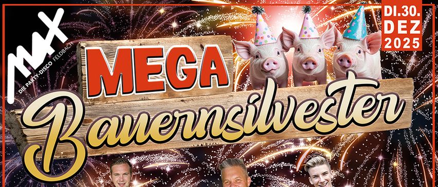 Ein Plakat für die Mega Bauernsilvester-Veranstaltung. Drei Männer stehen davor mit Partyhüten. Einer spielt Akkordeon. Feuerwerk leuchtet den Hintergrund auf.