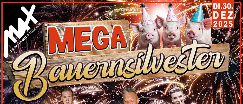 Ein Plakat für die Mega Bauernsilvester-Veranstaltung. Drei Männer stehen davor mit Partyhüten. Einer spielt Akkordeon. Feuerwerk leuchtet den Hintergrund auf.