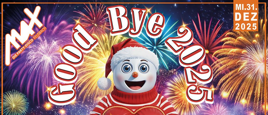 Schneemann mit Santa-Hut und rotem Pullover, der ein Herz mit Happy New Year 2026 hält. Im Hintergrund explodieren Feuerwerke.