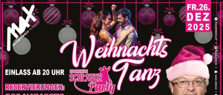 Plakat für die Schlager Party mit einem tanzenden Paar. Die Veranstaltung beginnt um 20 Uhr, kostenloser Eintritt für 16+. Von DJ Erich Funk veranstaltet.