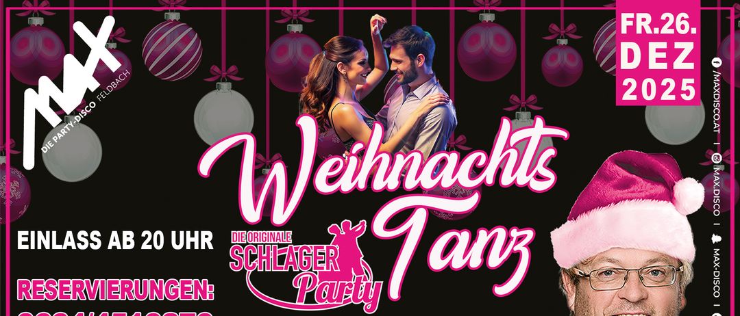 Plakat für die Schlager Party mit einem tanzenden Paar. Die Veranstaltung beginnt um 20 Uhr, kostenloser Eintritt für 16+. Von DJ Erich Funk veranstaltet.
