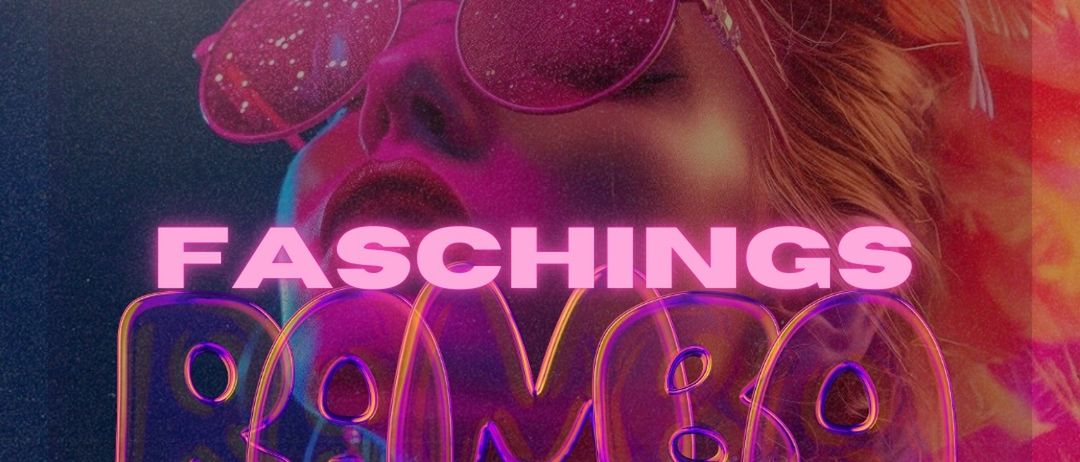 Plakat für eine Dienstagsveranstaltung um 18:00 Uhr. Es zeigt eine Frau mit rosa Haaren, Sonnenbrille und einem rosa Federboa. Der Text lautet 'Faschings Dienstag 17. Februar 18:00 Uhr' und 'Faschings Rumba Zumba'. Die Website ist www.yoyo.co.at.