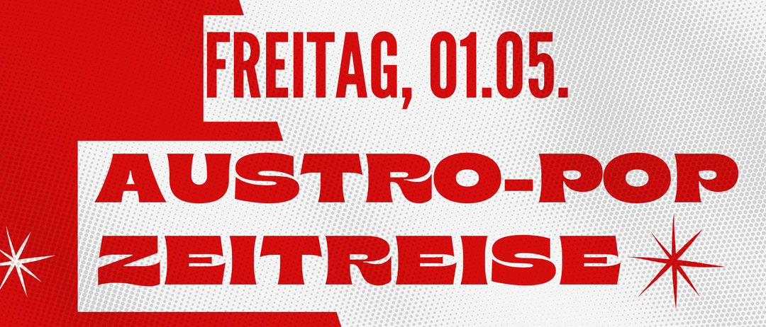 Plakat für 'Astro-Pop Zeitreise', das eine Reise durch Astro-Pop von damals bis heute zeigt, mit einem roten und weißen Design, Sternen und einem Dreieck.