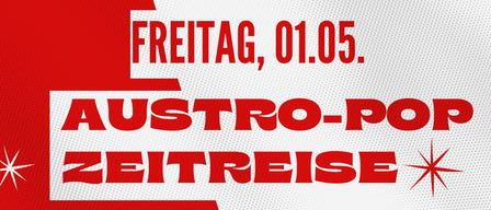 Plakat für 'Astro-Pop Zeitreise', das eine Reise durch Astro-Pop von damals bis heute zeigt, mit einem roten und weißen Design, Sternen und einem Dreieck.