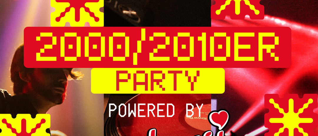 Eine Werbung für eine 2000er und 2010er Party, betrieben von Gschpusi, einem Getränk aus Österreich. Das Bild zeigt einen Mann mit einem DJ-Set im Hintergrund.