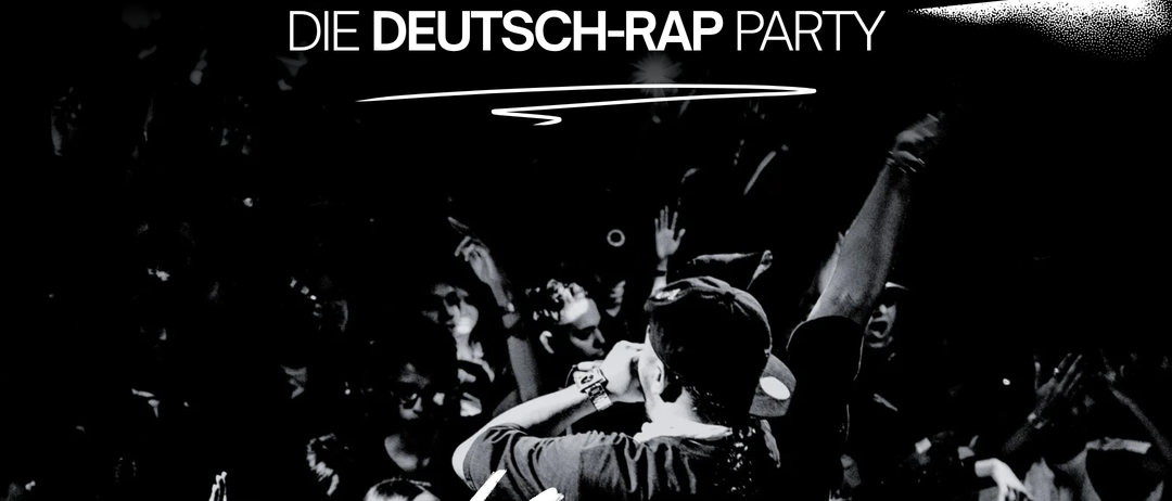 Poster for a German rap party, with a crowd of people enjoying the music, and a rapper in the foreground.