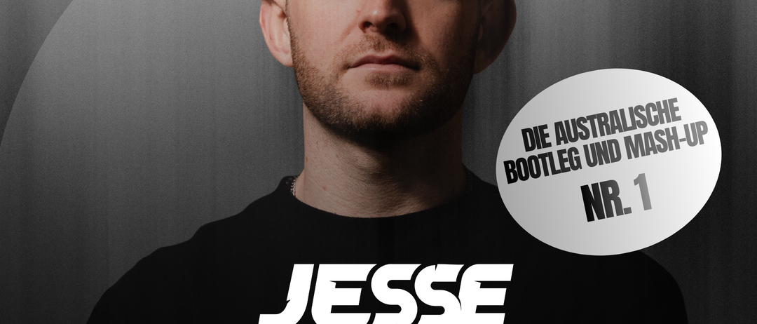 Plakat für Jesse Bloch, einen australischen DJ und Produzenten, mit einem Schwarz-Weiß-Bild von ihm, wie er steht und nach vorne schaut.