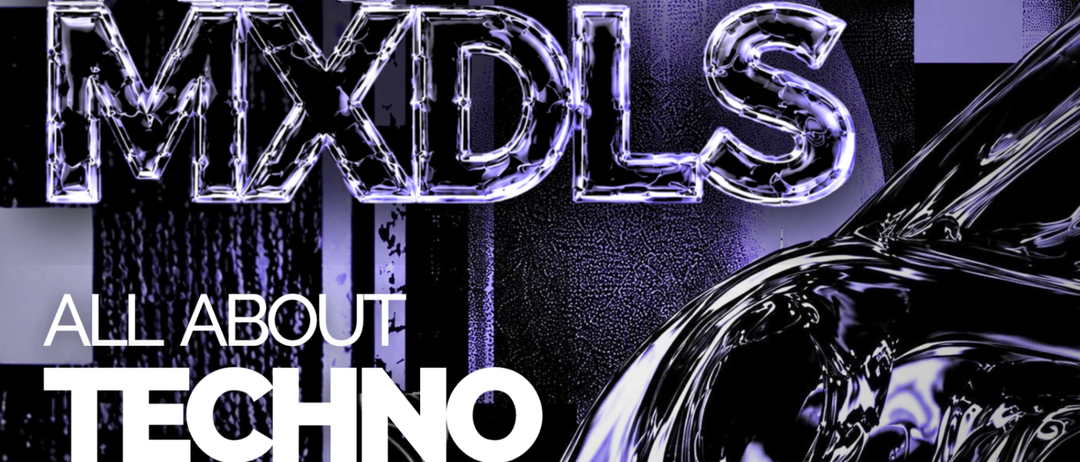 Ein Poster für eine Techno-Veranstaltung zeigt ein glänzendes, metallisches Design mit 'NX MXDLS' und 'All About Techno' in fetten Buchstaben. Der Hintergrund ist dunkel und abstrakt.