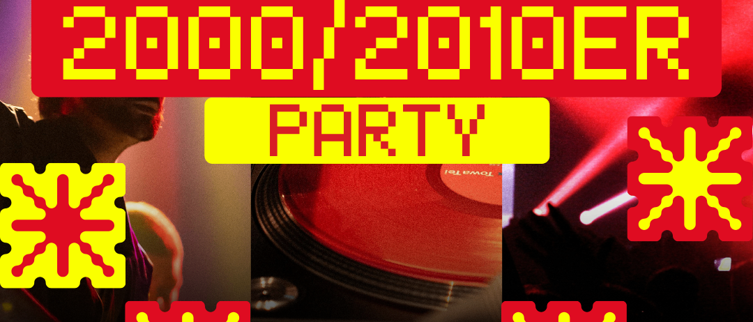 Event poster for a party on Saturday, July 10th. It features a DJ, turntables, and colorful stars. The text reads '2000/2010ER PARTY'.