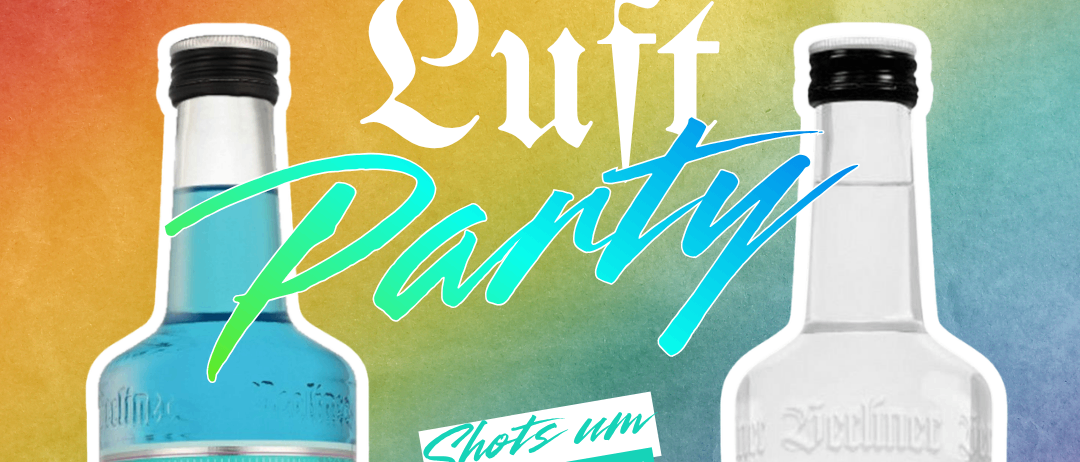 Poster with two bottles of Berliner Luft liquor, vibrant rainbow background, date July 17th, price 2.50€ per shot.