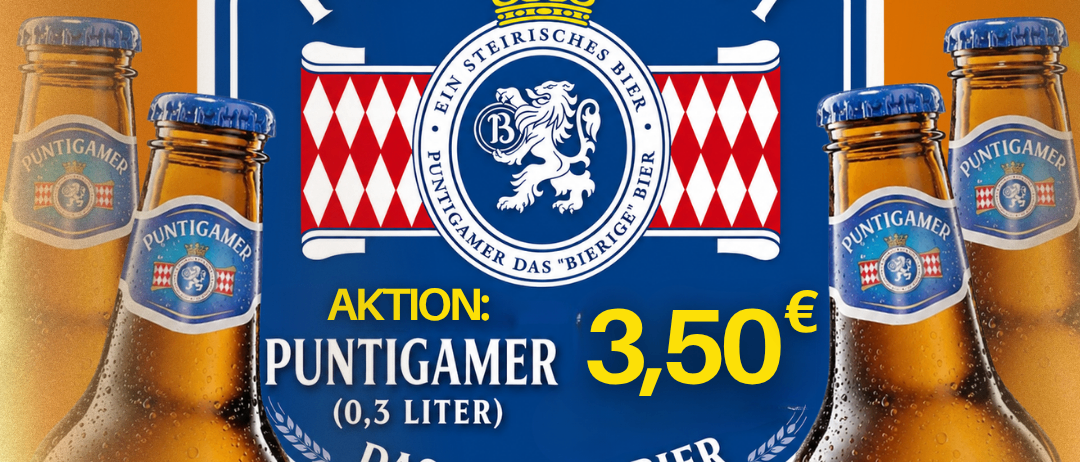 An advertisement for Puntigamer beer featuring bottles, a lion logo, and a price tag of 3.50 euros for 0.3 liters.
