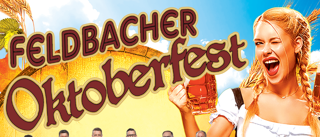 Plakat für das Feldbacher Oktoberfest mit einer Frau in traditioneller deutscher Kleidung, die ein Bierglas hält, mit einer Band von Musikern im Hintergrund.