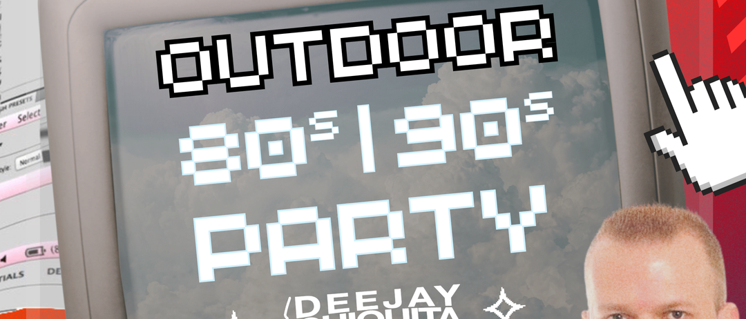 Werbung für eine Outdoor-Party der 80er und 90er Jahre mit einem Mann neben einem Retro-Fernseher.