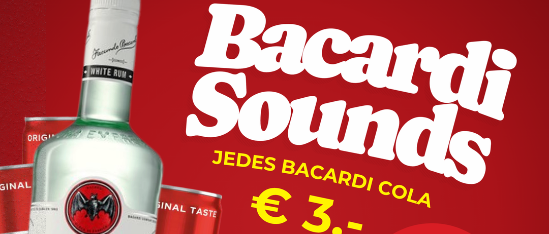 An advertisement for Bacardi Sounds event on Friday at 14:00. It features a bottle of Bacardi Carta Blanca and Coca-Cola cans with a price tag of 3 euros. The poster includes a special offer of 6 Coca-Cola and Bacardi 0.7L with giveaways.