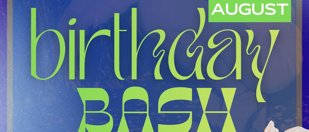 Poster for a birthday bash on August 22nd. It features a disco ball, a hand holding a string, and a green star. It offers a drink voucher for August-born children until 24:00.