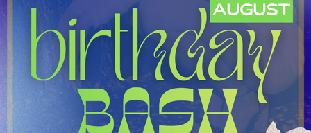 Poster for a birthday bash on August 22nd. It features a disco ball, a hand holding a string, and a green star. It offers a drink voucher for August-born children until 24:00.