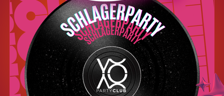 Poster for Schlager Party event, featuring a vinyl record with the date August 28th and time 8 PM, hosted by DJ Leo. The design includes a red and pink background with stars and musical notes.