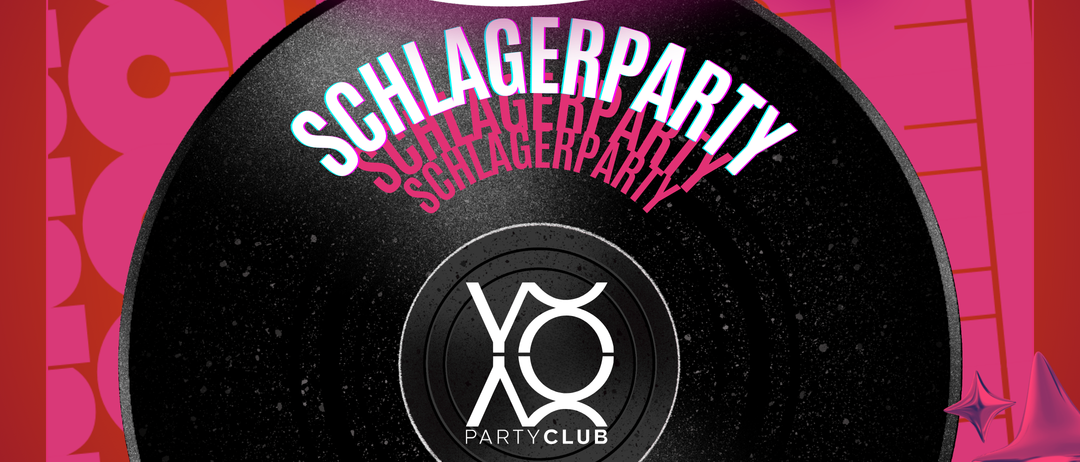 Poster for Schlager Party event, featuring a vinyl record with the date August 28th and time 8 PM, hosted by DJ Leo. The design includes a red and pink background with stars and musical notes.