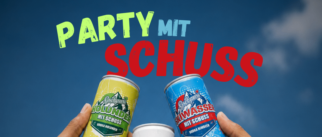 Ein Plakat, das eine Freitagsparty mit Schus bewirbt, zeigt Hände, die drei Dosen Schus-Getränke halten, vor einem blauen Himmel.