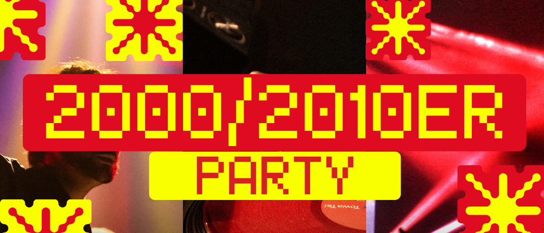Plakat für eine Party am Samstag, 12., für Personen ab 20 Jahren, mit einem DJ und einer Plattenspieler mit roter Beleuchtung.