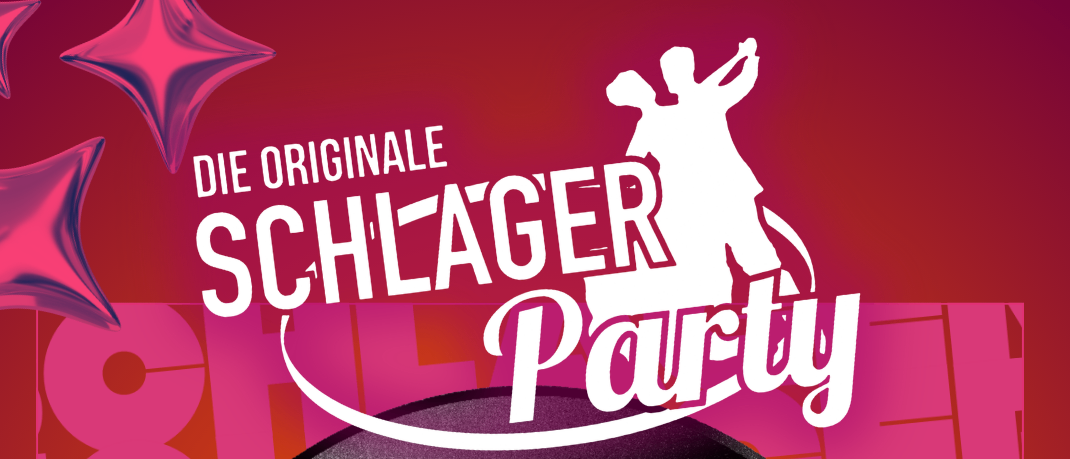 Plakat für Schlager Party mit einem Vinyl-Plattencover, Foto von DJ Erich Fuchs und Angaben zum Event am 25. September um 20 Uhr.