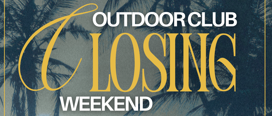 Plakat für das Outdoor Club Losing Weekend-Event am 4. und 5. September mit Palmen und blauem Himmel. Der Text ist auf Deutsch.