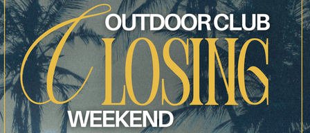 Plakat für das Outdoor Club Losing Weekend-Event am 4. und 5. September mit Palmen und blauem Himmel. Der Text ist auf Deutsch.