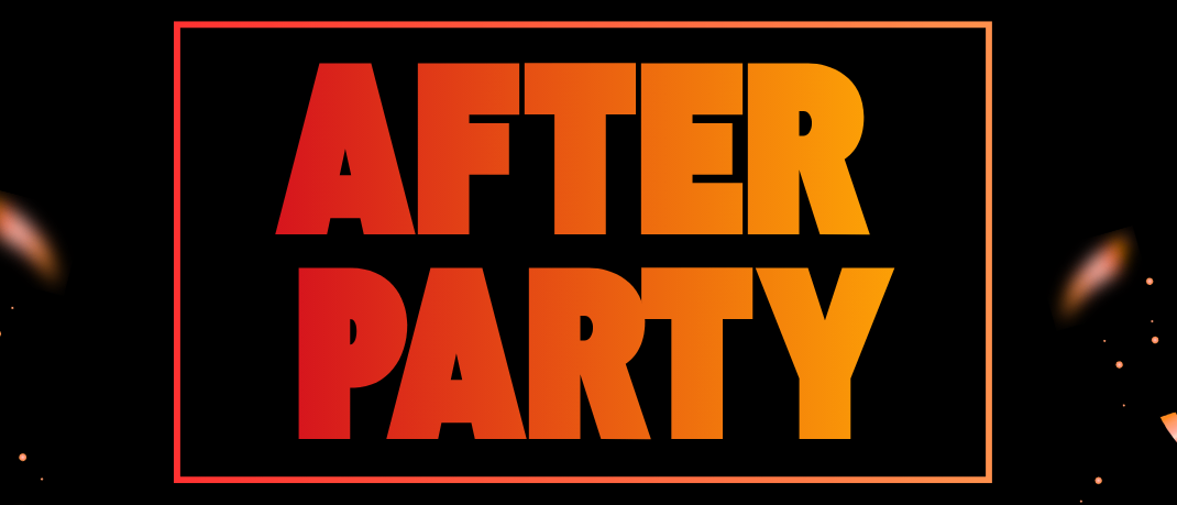 Plakat für eine After-Party-Veranstaltung am Freitag, 10. September, mit einem lebhaften Design, das die Worte 'After Party' und 'Lebensfreude' in leuchtenden Farben zeigt.