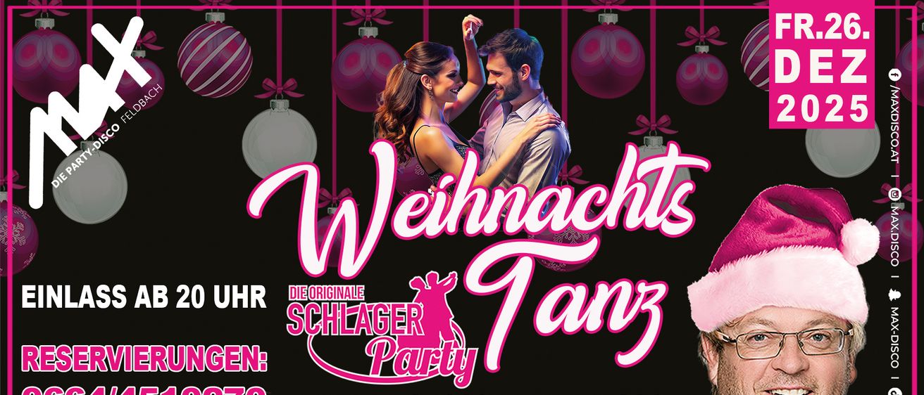 Plakat für eine Weihnachtstanzparty mit einem tanzenden Paar. Es enthält den Namen des DJs, die Eintrittsgebühr und die Zeit.