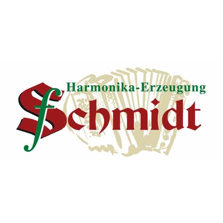 Das Logo für Schmidt Harmonika-Herstellung mit einem roten und grünen Design und einer Akkordeon-Illustration.