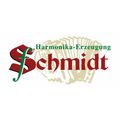 Das Logo für Schmidt Harmonika-Herstellung mit einem roten und grünen Design und einer Akkordeon-Illustration.