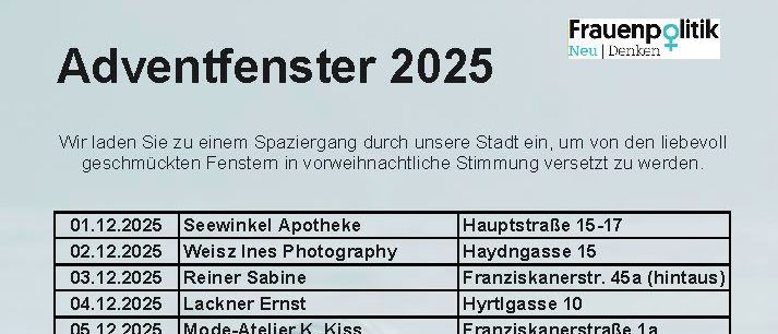 Eine Tabelle listet verschiedene Termine und Unternehmen mit Adressen auf. Die Daten reichen von 01.12.2025 bis 24.12.2025. Jeder Eintrag enthält ein Datum, Firmenname und Adresse. Die Fenster sind von 16:00 bis 22:00 Uhr beleuchtet.
