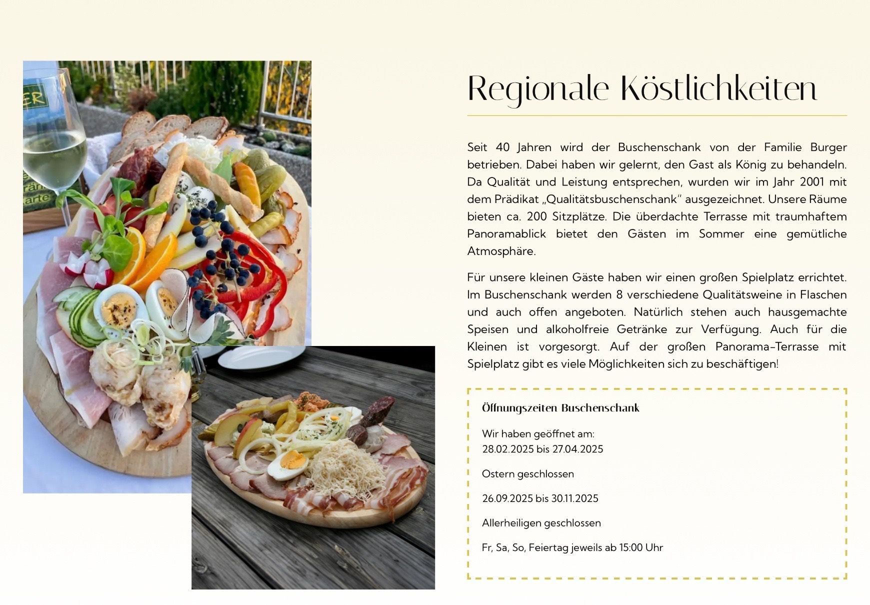 Ein Plakat für ein Restaurant namens Regionale Kostlich. Das Plakat zeigt Bilder von Speisen und Getränken sowie eine Liste der Öffnungszeiten und Feiertage.