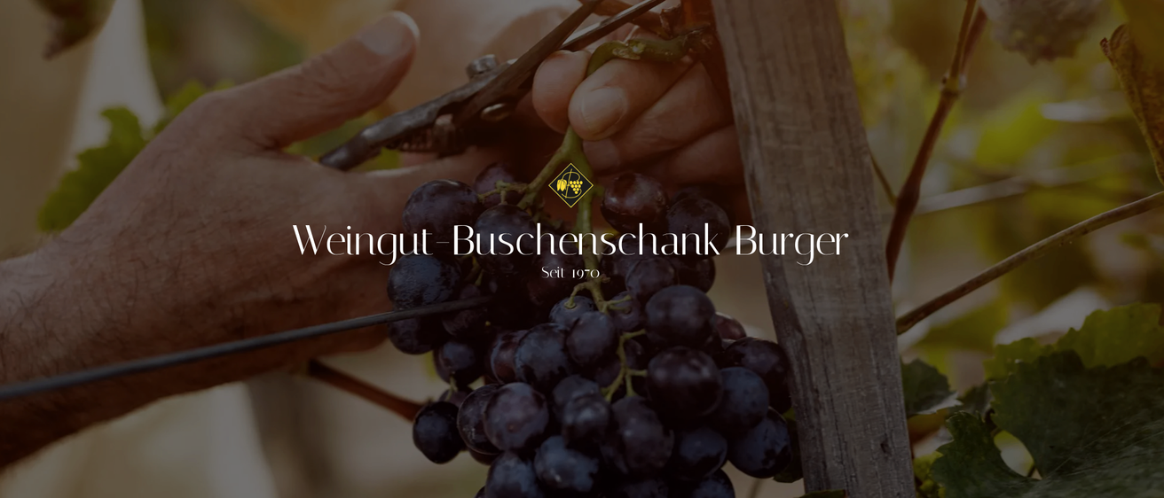 Eine Person schneidet Trauben von einer Rebe mit einer Astschere und zeigt den Markennamen Weingut-Buschenschank Burger, gegründet 1970.