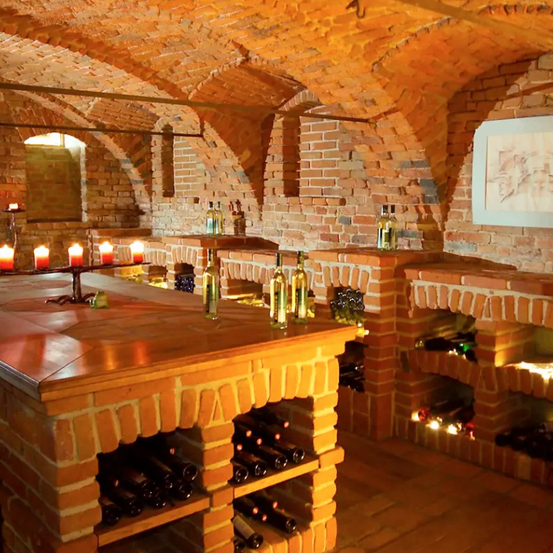 Ein Weinkeller mit Ziegelwänden und gewölbten Decken, mit Regalen gefüllt mit Weinflaschen und einem Kamin mit Feuer.