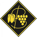Schwarzes Diamant-Logo mit einem gelben Traubencluster und einem Blatt auf schwarzem Hintergrund. Das Symbol ist von einem gelben Rand umgeben.