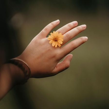 Eine Hand mit einer gelben Blume auf dem Mittelfinger, mit einem Armband am Handgelenk, vor einem verschwommenen Hintergrund.