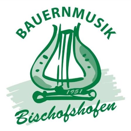 Das Logo für Bauermusik aus dem Jahr 1951, in Bischofshofen gelegen, zeigt ein stilisiertes Instrument, das einer Harfe ähnelt. Das Design ist in Grün und Weiß mit einem Vintage-Look.